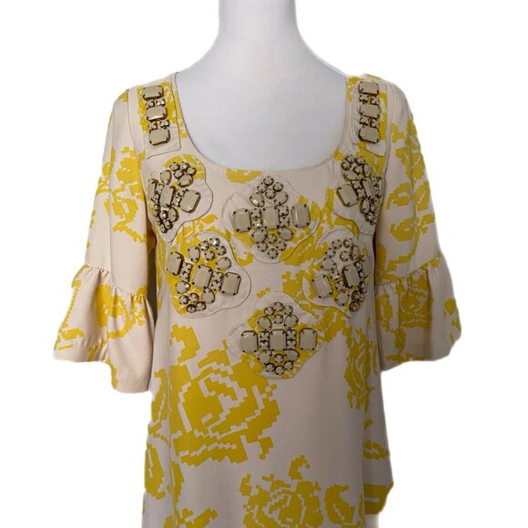 Karta Vintage Yellow Floral Beige Stone 3/4 Bell Sleeve Mid Length Lined Dress M - Picture 3 of 5